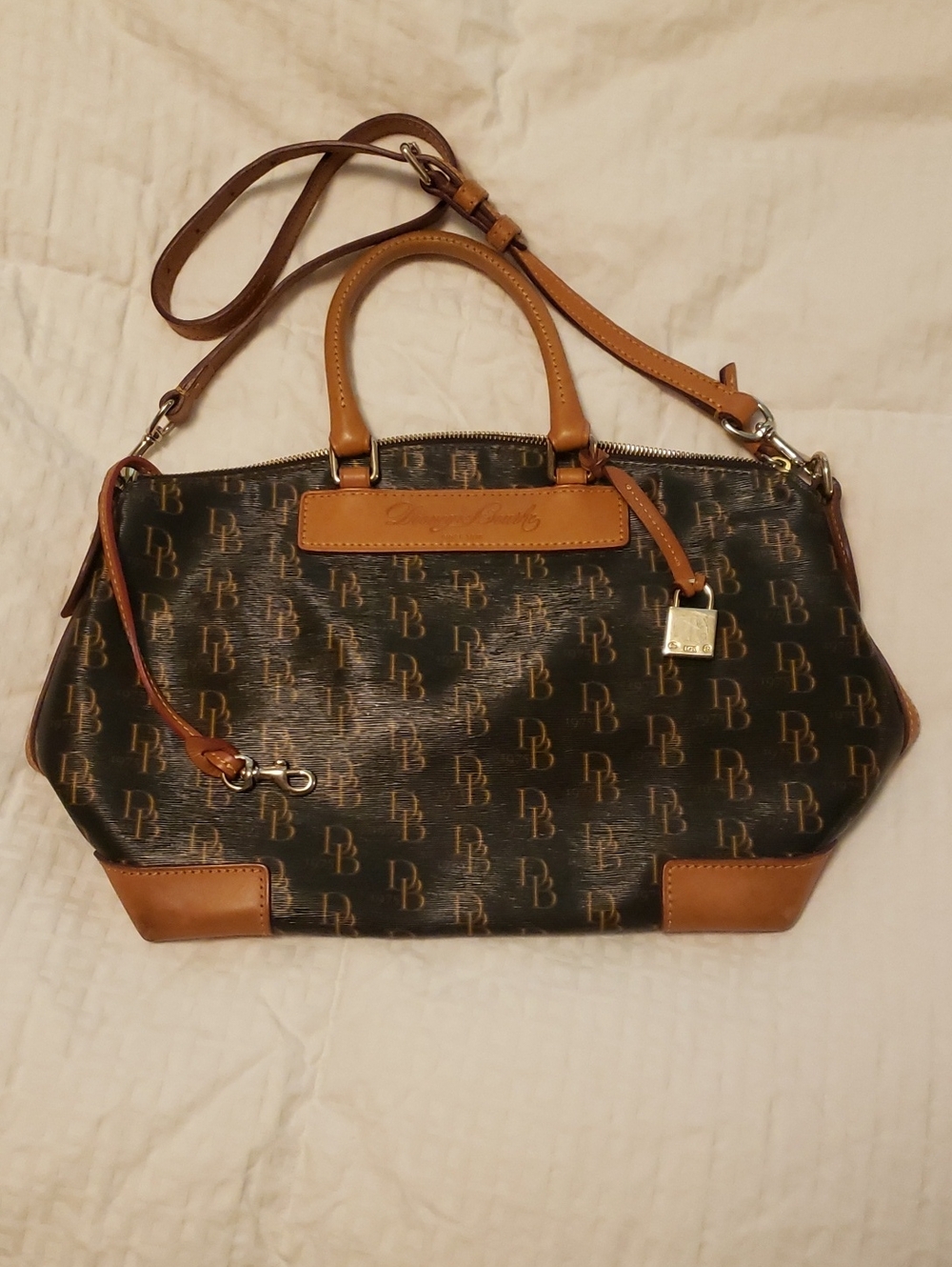 Dooney & Bourke Brown and Tan Coated Canvas Satchel with Leather Trim